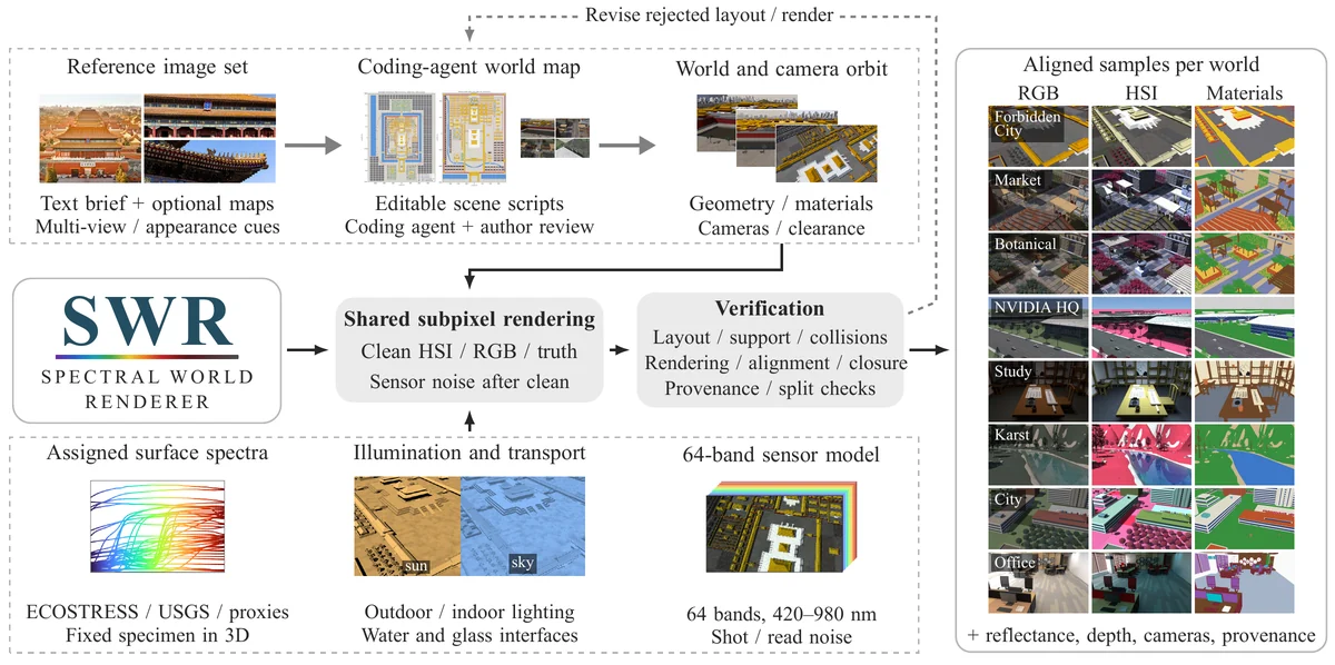 Workflow diagram: reference photographs and a short brief guide a coding agent that writes an executable world; library-measured spectra are assigned to surfaces; one shared sub-pixel rendering produces hyperspectral and RGB observations with per-pixel materials; layout and rendering checks return flawed worlds for revision.