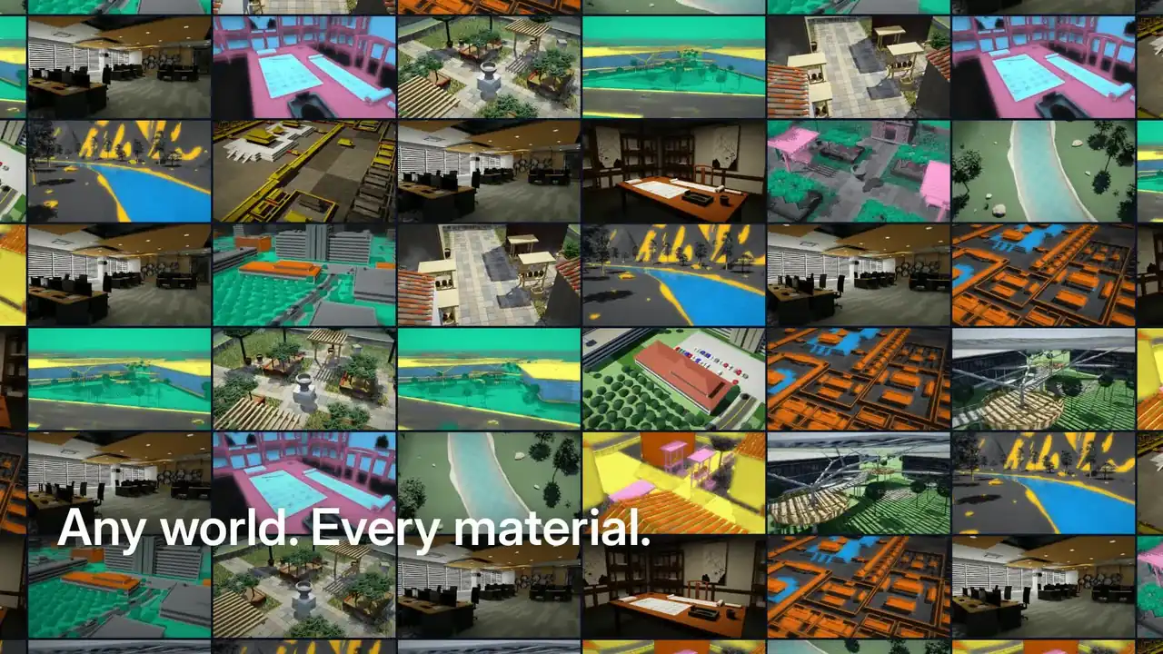 Overview video frame: a mosaic of SWR-Bench worlds with their material layers in many colours, captioned Any world. Every material.